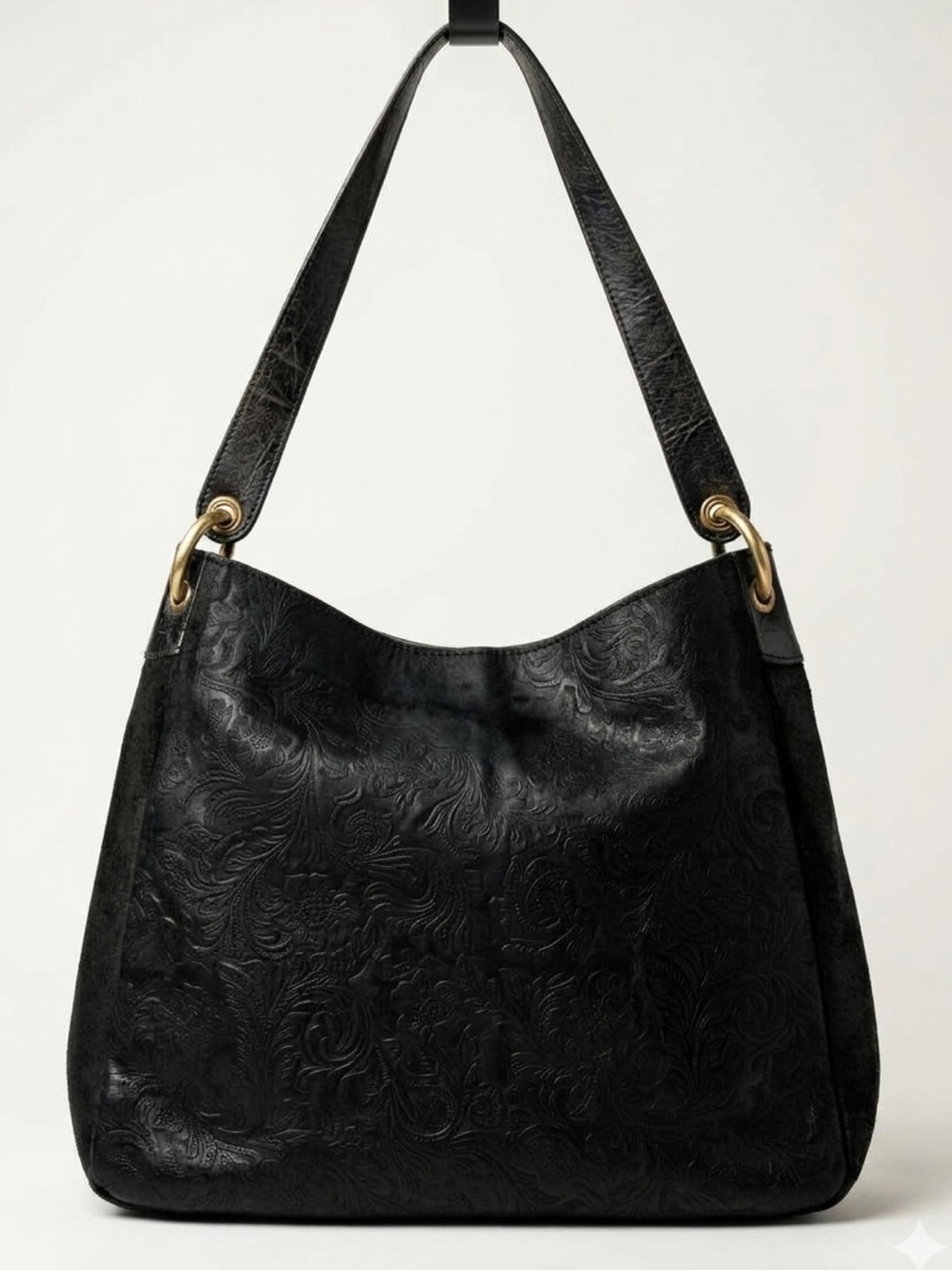 Ecotorie Bleu Black Gold Embossed Leather Floral Shoulder Bag Purse Handbag Tote